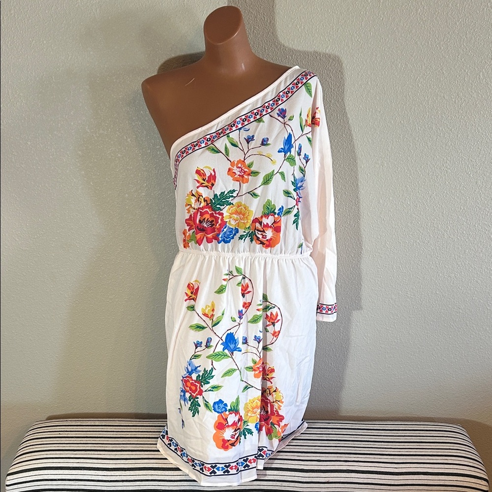 SHEIN Floral One Shoulder Dress - White and Multicolor
